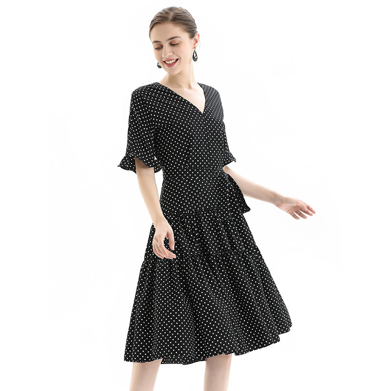 JJparty-D081-2 Women polka dot print short sleeves tiered midi day dress