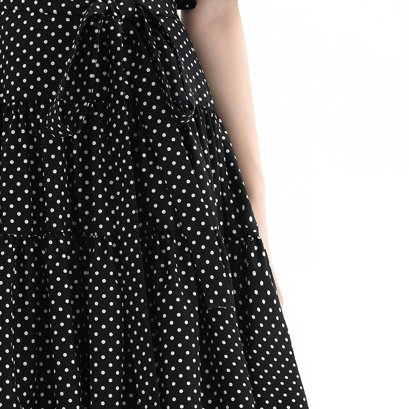 JJparty-D081-2 Women polka dot print short sleeves tiered midi day dress