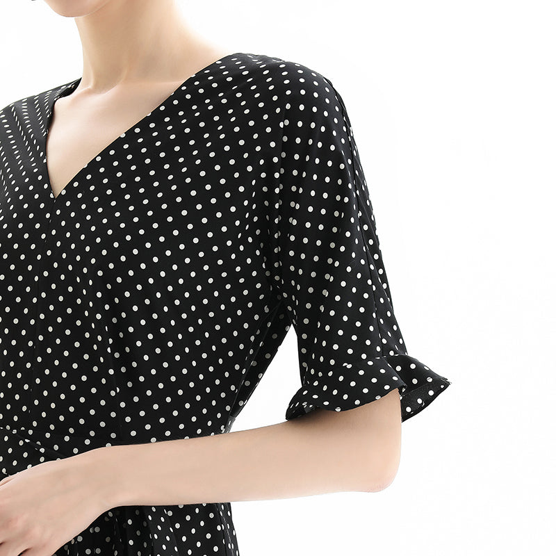 JJparty-D081-2 Women polka dot print short sleeves tiered midi day dress