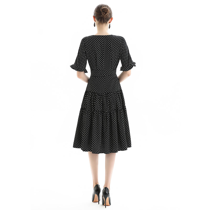 JJparty-D081-2 Women polka dot print short sleeves tiered midi day dress