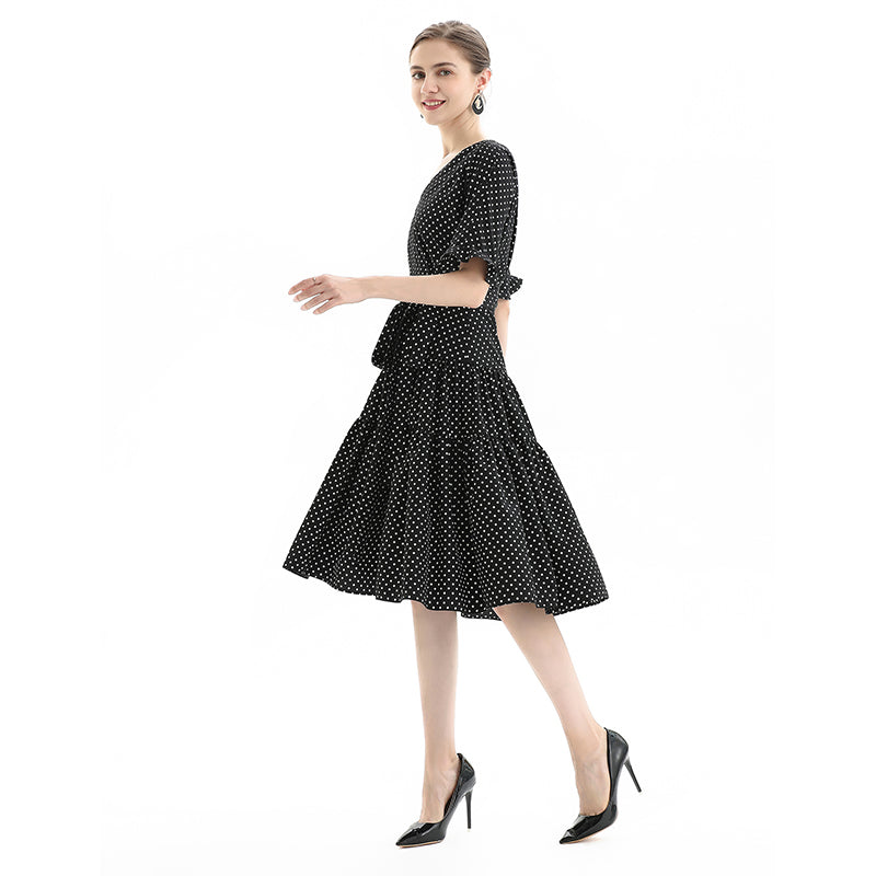 JJparty-D081-2 Women polka dot print short sleeves tiered midi day dress