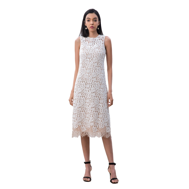 JJparty-D098-2 Women two-tone eyelash lace sleeveless straight-cut party midi dress