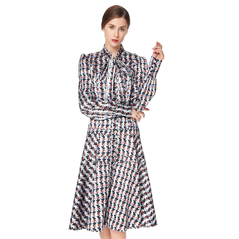 JJparty-D140 Women flower print bow tie long puff sleeves tiered midi day dress