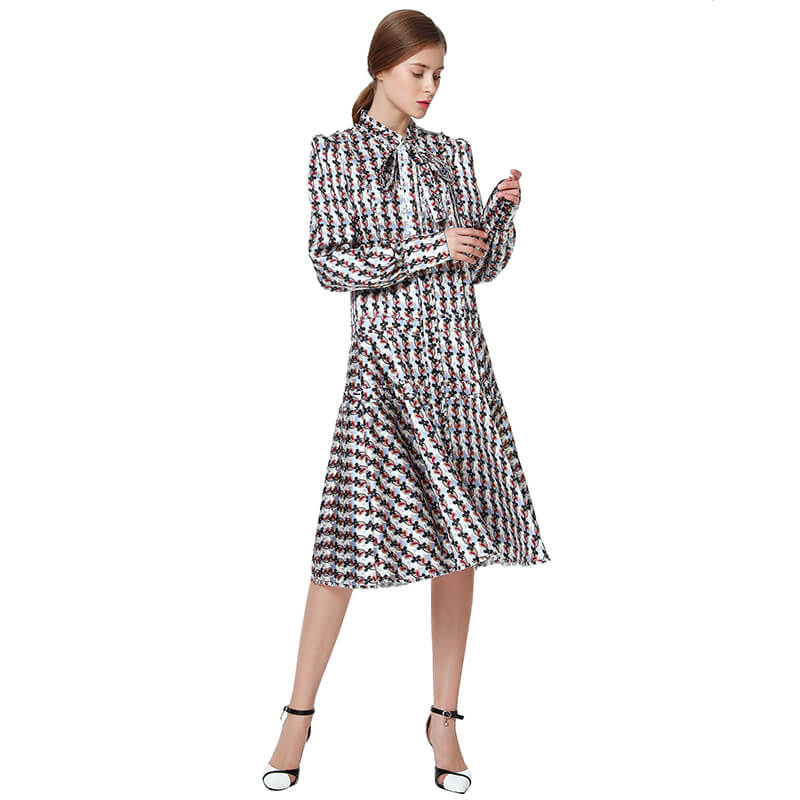 JJparty-D140 Women flower print bow tie long puff sleeves tiered midi day dress