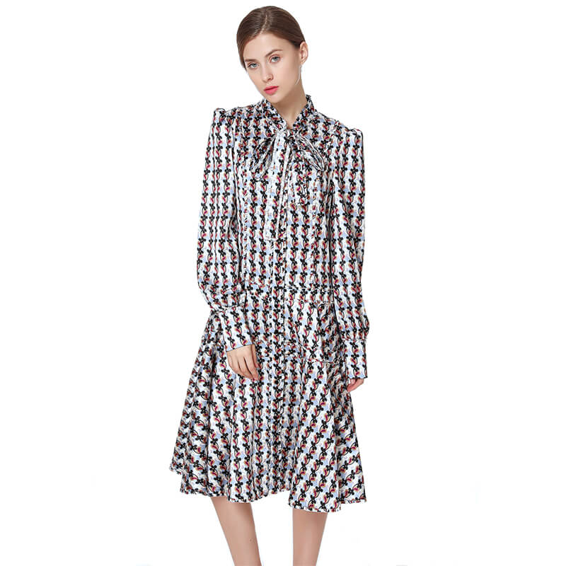 JJparty-D140 Women flower print bow tie long puff sleeves tiered midi day dress