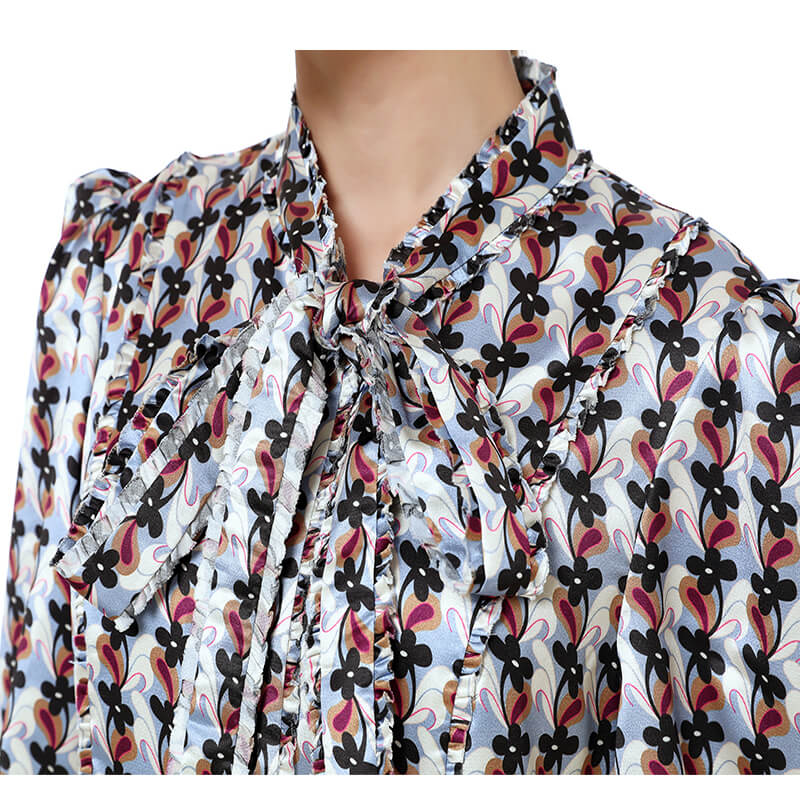 JJparty-D140 Women flower print bow tie long puff sleeves tiered midi day dress