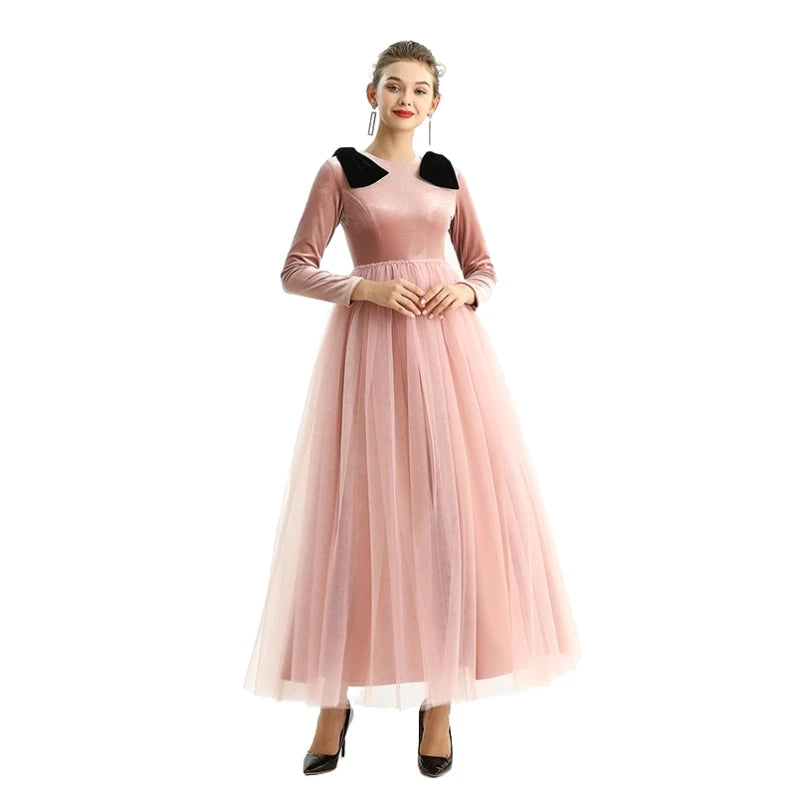 JJparty-D191 Girls velvet long sleeves full shape flared design evening long tulle gown