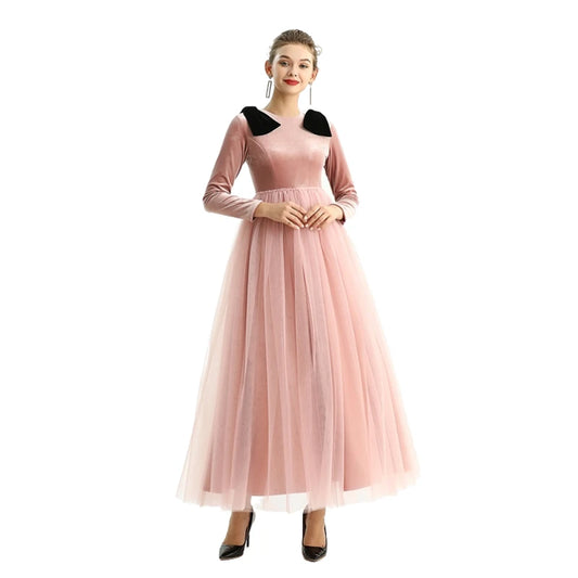 JJparty-D191 Girls velvet long sleeves full shape flared design evening long tulle gown