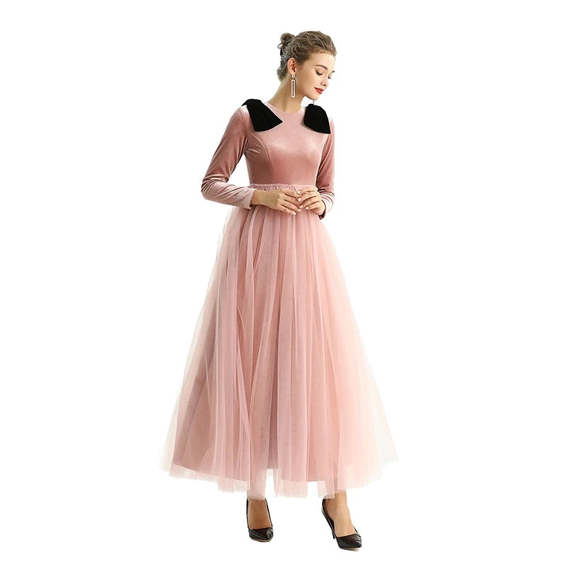 JJparty-D191 Girls velvet long sleeves full shape flared design evening long tulle gown