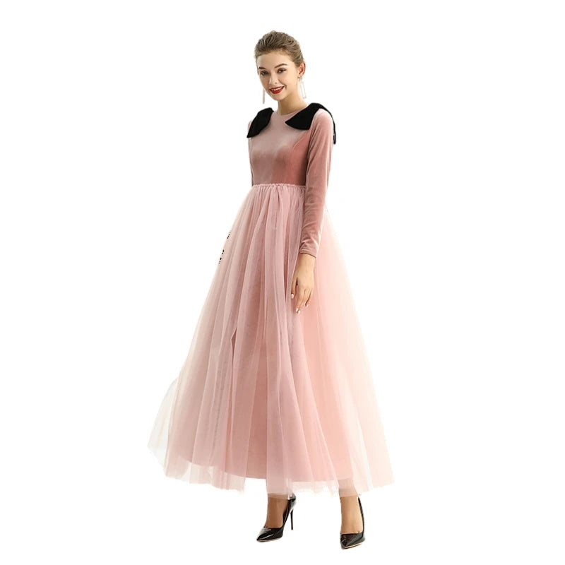 JJparty-D191 Girls velvet long sleeves full shape flared design evening long tulle gown