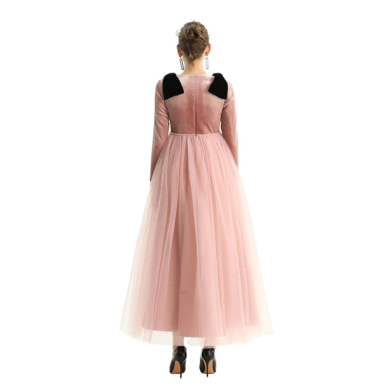 JJparty-D191 Girls velvet long sleeves full shape flared design evening long tulle gown