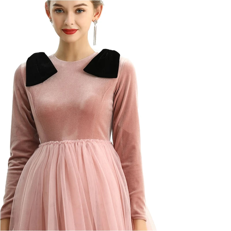JJparty-D191 Girls velvet long sleeves full shape flared design evening long tulle gown