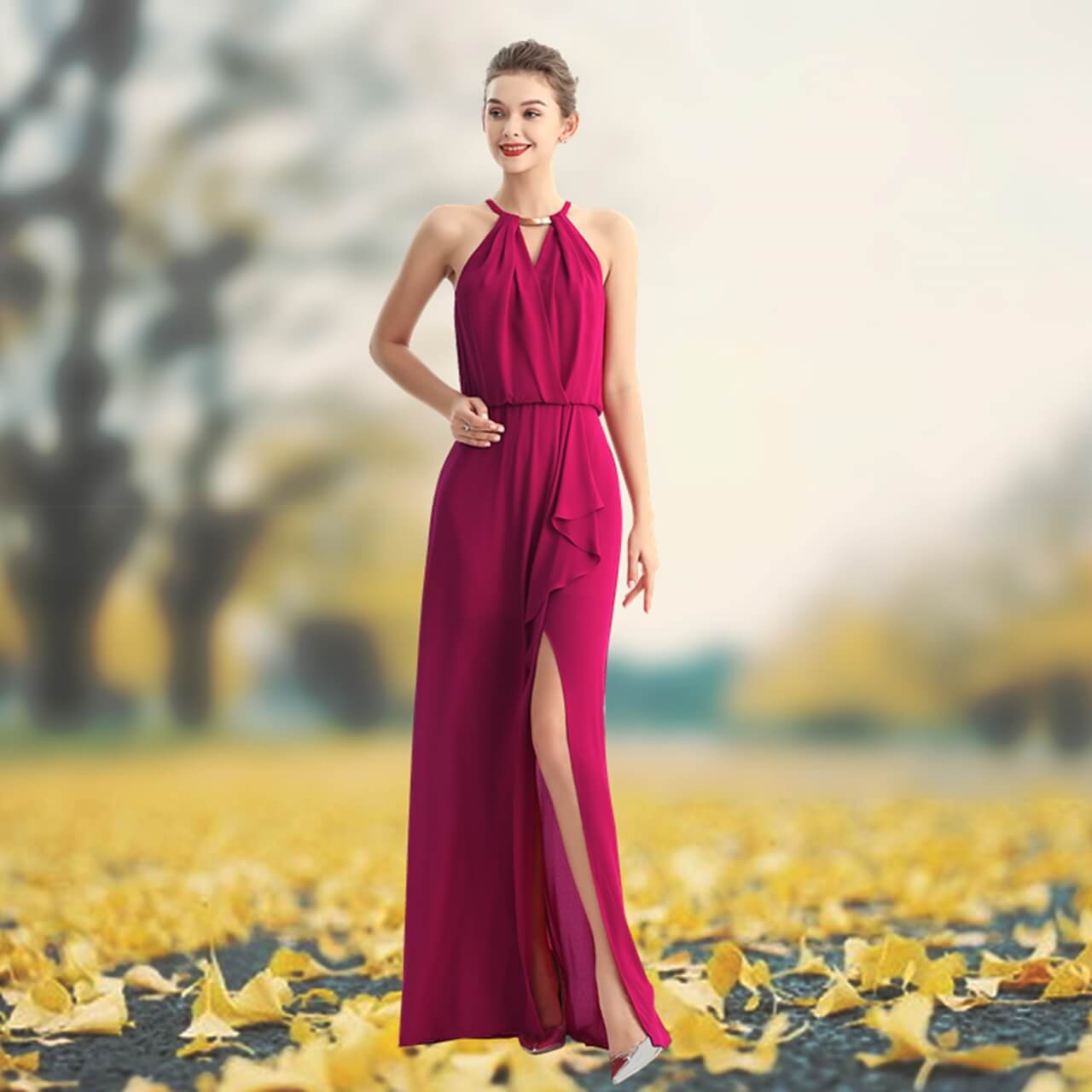 JJparty-D197 Women solid heavy georgette halter neck maxi evening dress