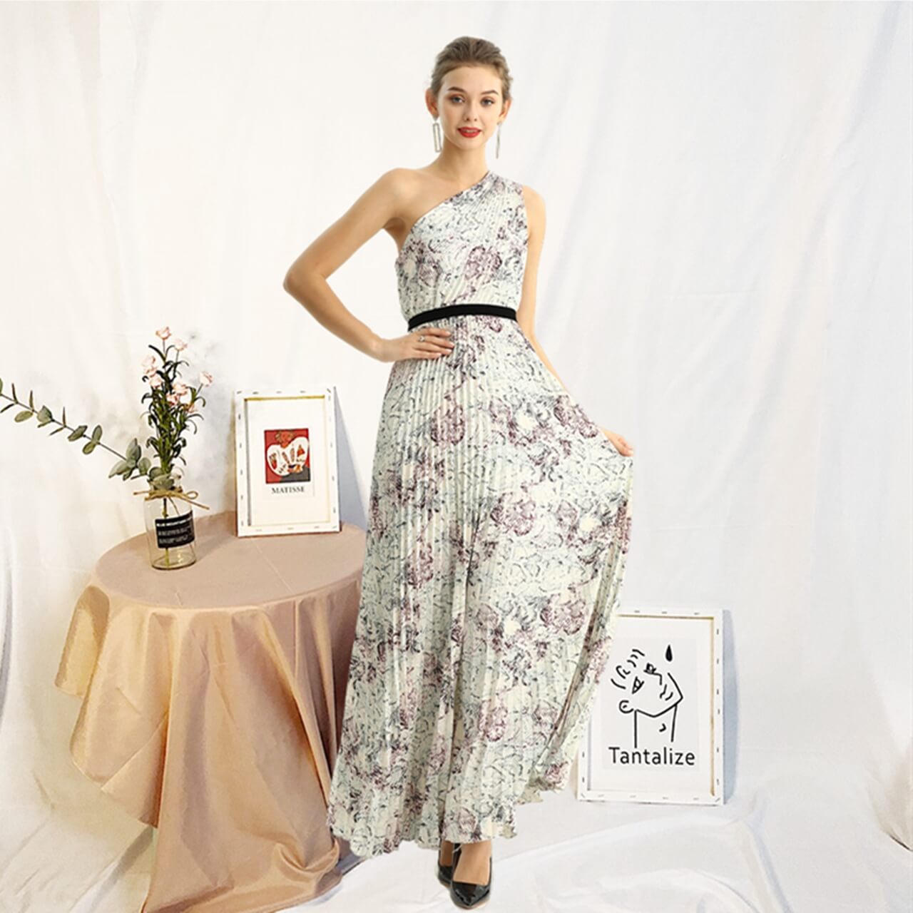 JJparty-D202 Women print CDC single shoulder sunburst pleated maxi evening dress