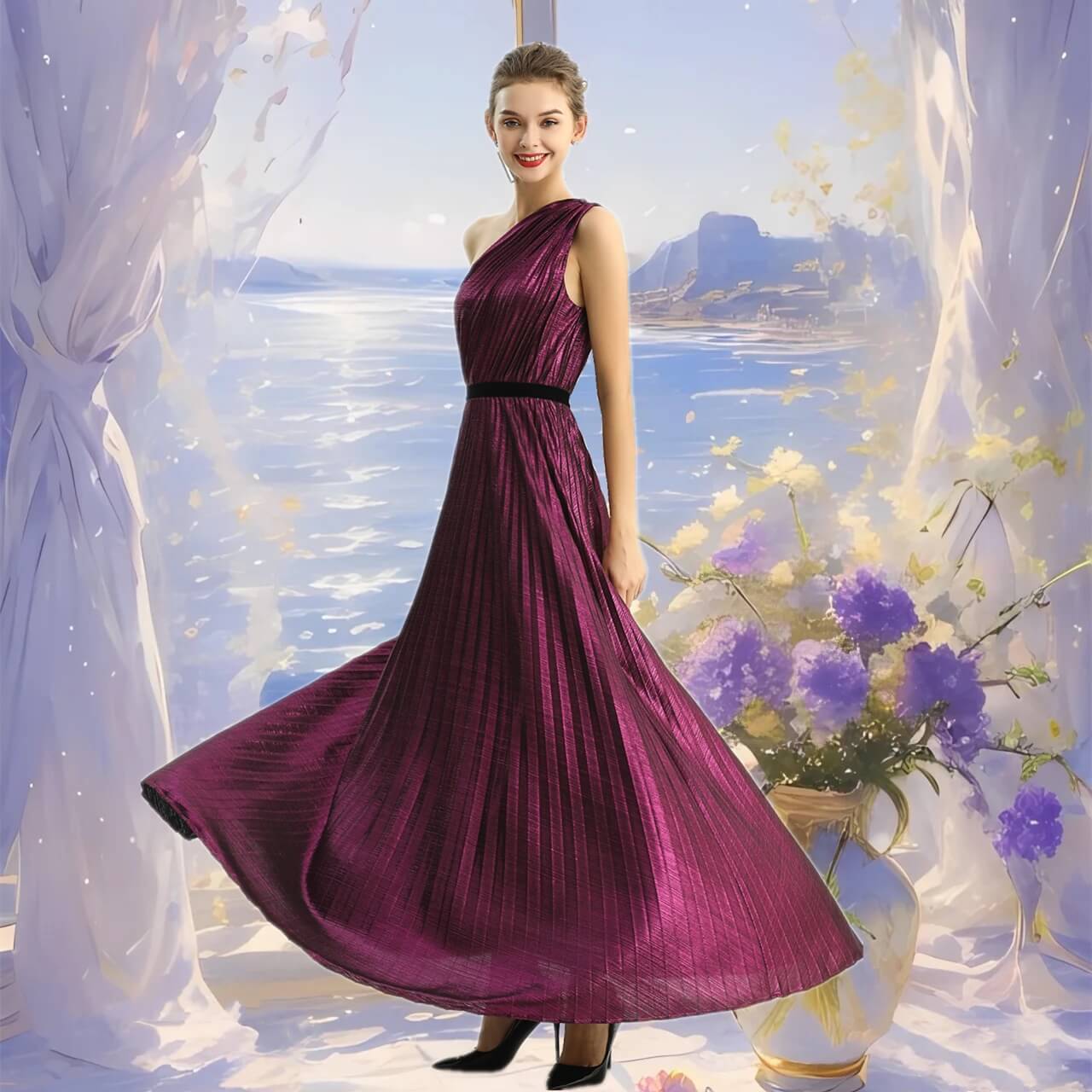 JJparty-D203 Women metallic knit single shoulder sunburst pleated maxi evening dress