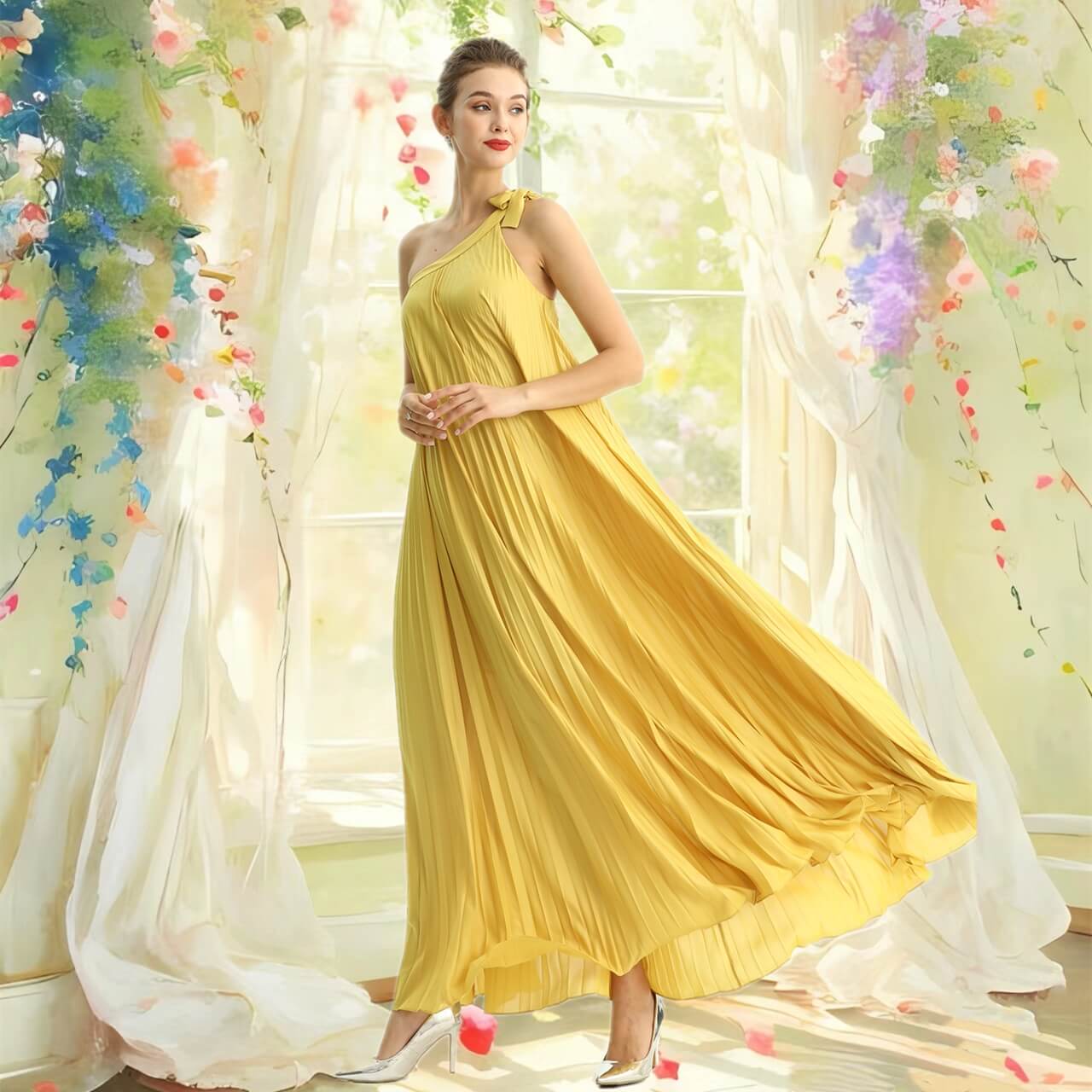 JJparty-D204 Women glazed fabric single shoulder sunburst pleated maxi dress