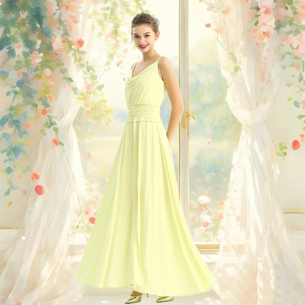 JJparty-D207 Women solid heavy georgette cowl neck maxi evening dress