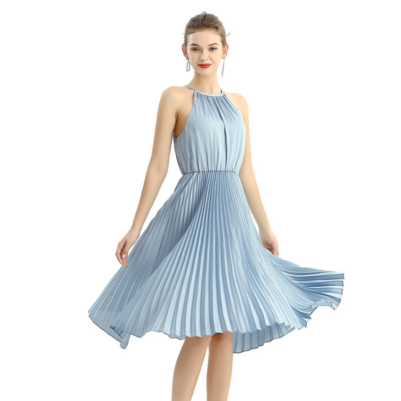 JJparty-D208 Women solid satin halter neck pleated midi evening dress