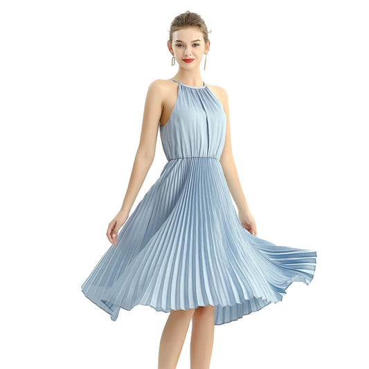 JJparty-D208 Women solid satin halter neck pleated midi evening dress