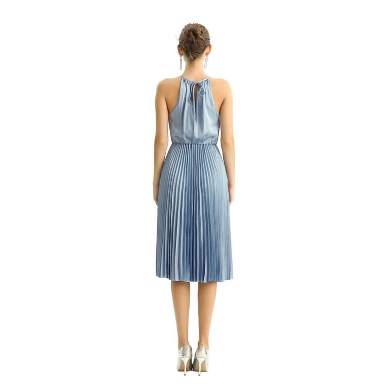 JJparty-D208 Women solid satin halter neck pleated midi evening dress
