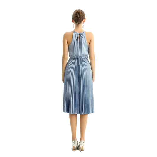 JJparty-D208 Women solid satin halter neck pleated midi evening dress
