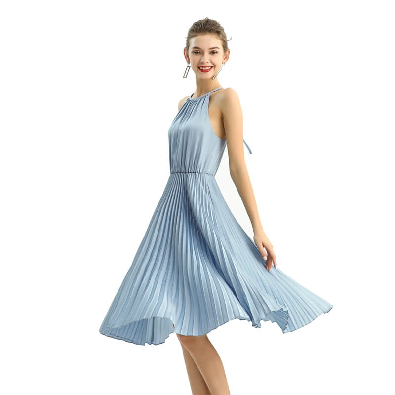 JJparty-D208 Women solid satin halter neck pleated midi evening dress