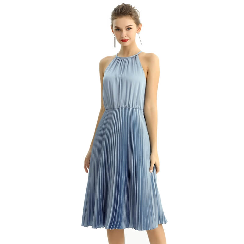 JJparty-D208 Women solid satin halter neck pleated midi evening dress