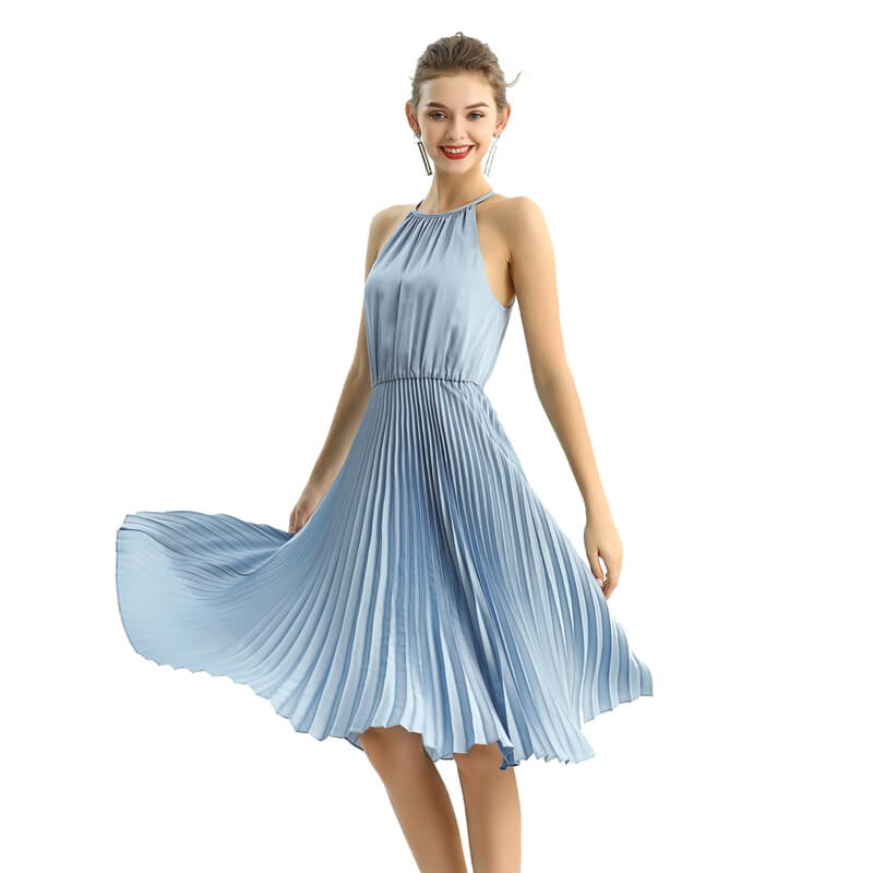 JJparty-D208 Women solid satin halter neck pleated midi evening dress