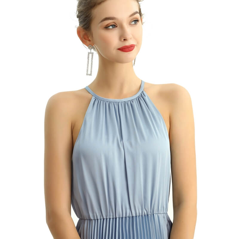 JJparty-D208 Women solid satin halter neck pleated midi evening dress