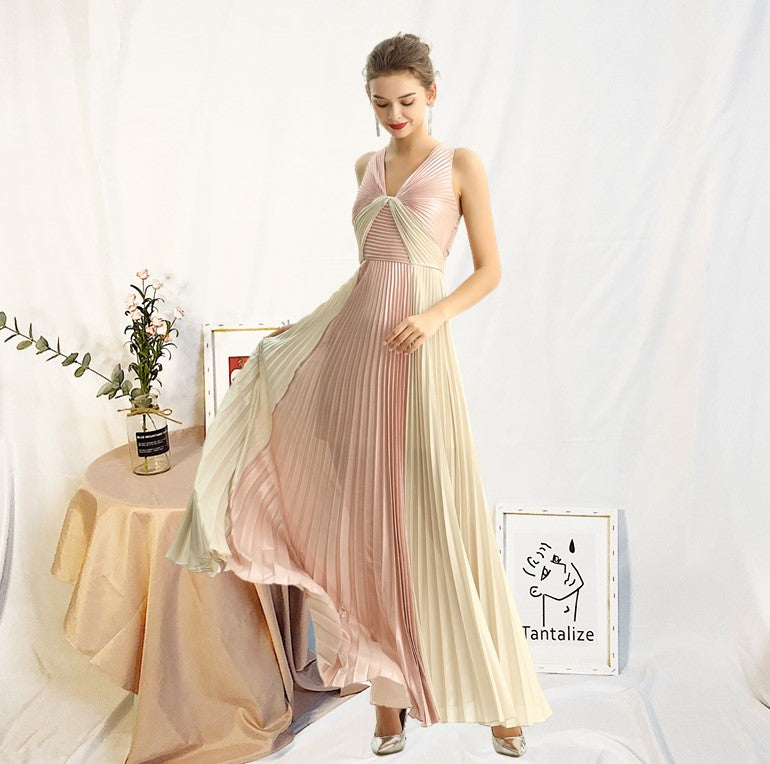 JJparty-D209 Women color block metallic chiffon pleated maxi evening dress