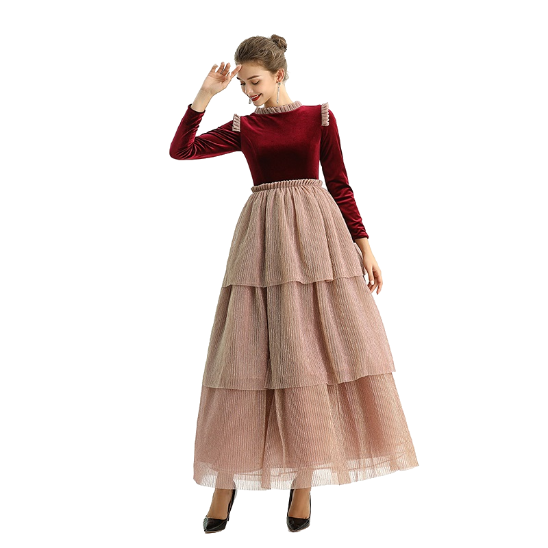 JJparty-D192 Girls velvet long sleeves tiered flared design maxi tulle gown