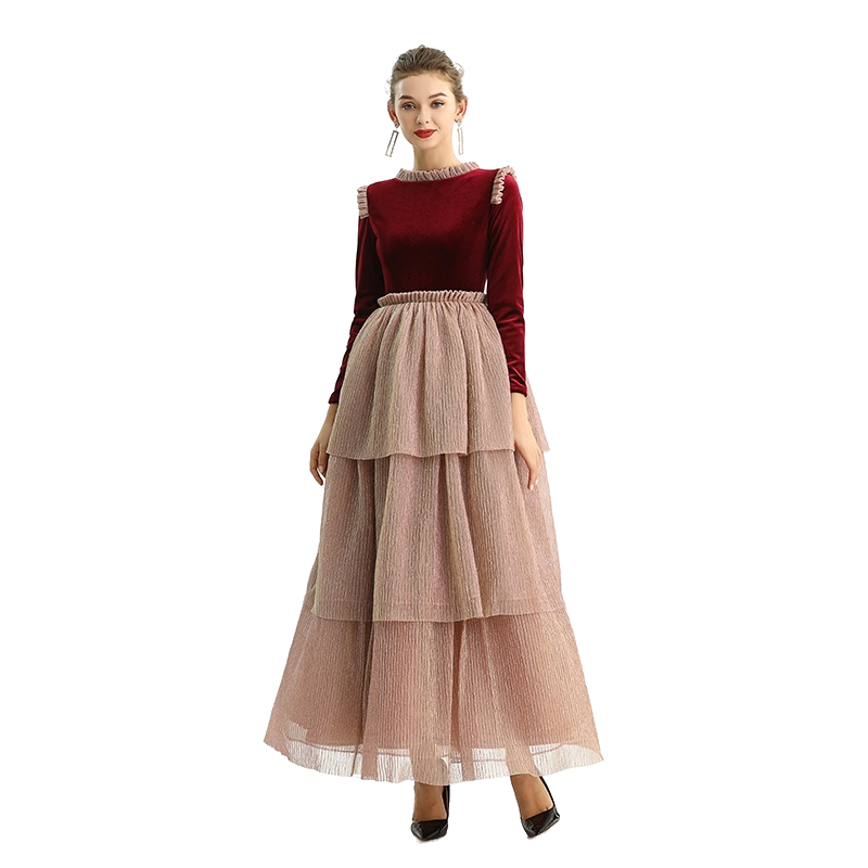 JJparty-D192 Girls velvet long sleeves tiered flared design maxi tulle gown