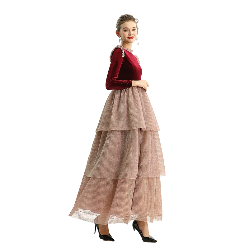 JJparty-D192 Girls velvet long sleeves tiered flared design maxi tulle gown
