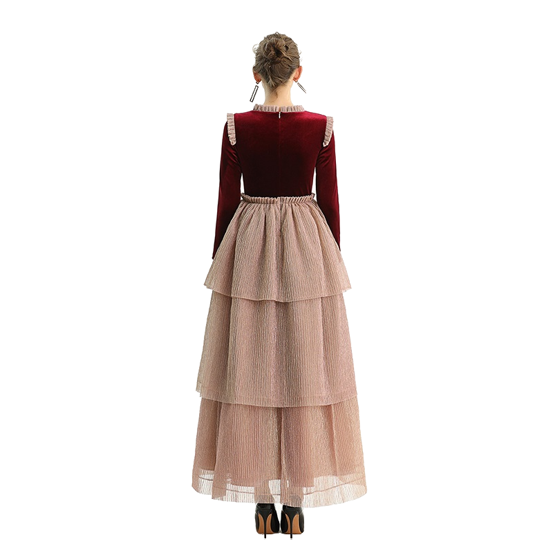 JJparty-D192 Girls velvet long sleeves tiered flared design maxi tulle gown