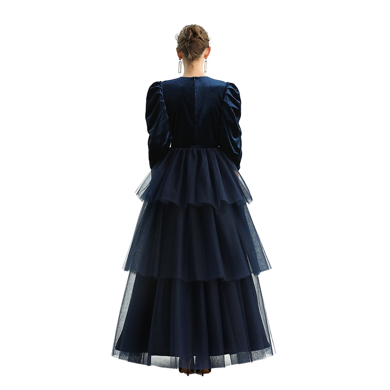 JJparty-D193 Girls velvet three-quarter puff sleeves tiered flared maxi tulle gown