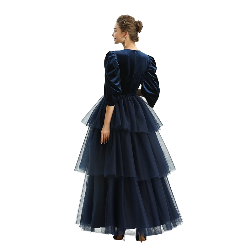 JJparty-D193 Girls velvet three-quarter puff sleeves tiered flared maxi tulle gown