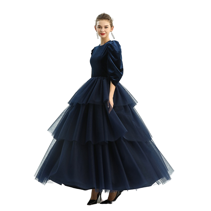 JJparty-D193 Girls velvet three-quarter puff sleeves tiered flared maxi tulle gown