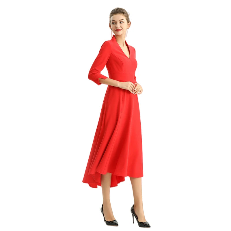 JJparty-D186 Women solid three-quarter sleeves A-line high low hem midi party dress