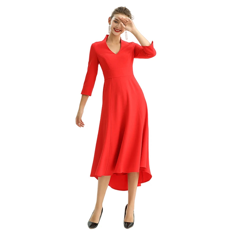 JJparty-D186 Women solid three-quarter sleeves A-line high low hem midi party dress