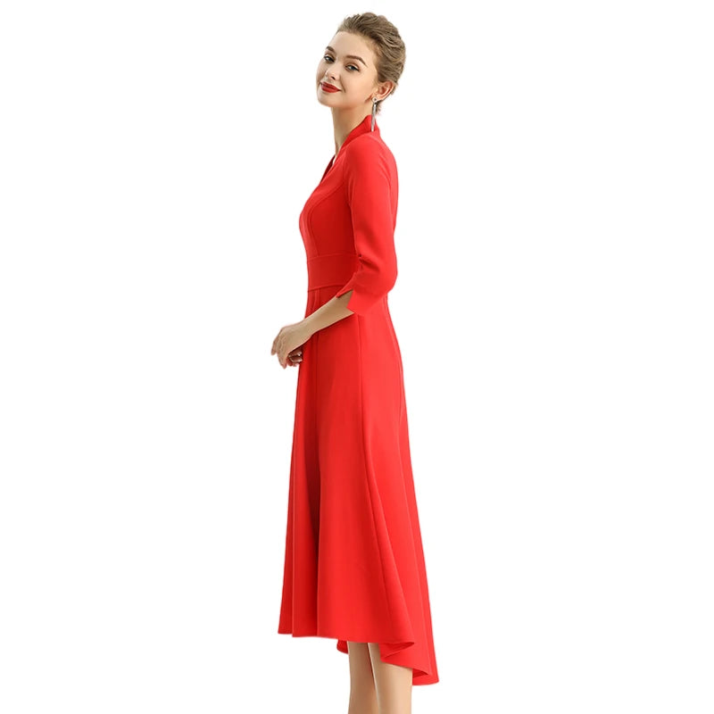 JJparty-D186 Women solid three-quarter sleeves A-line high low hem midi party dress