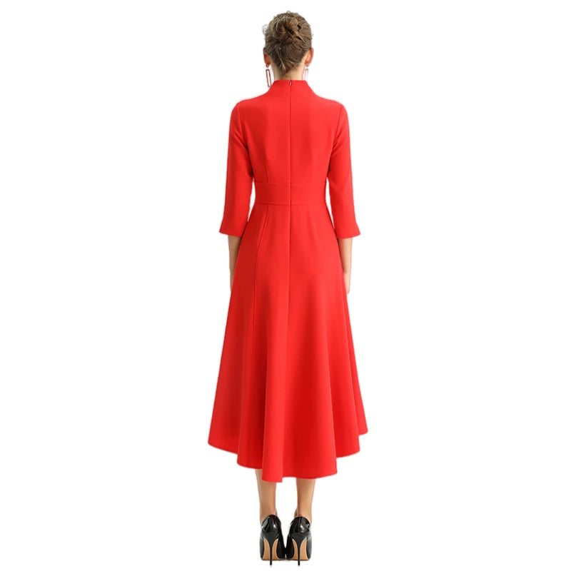 JJparty-D186 Women solid three-quarter sleeves A-line high low hem midi party dress
