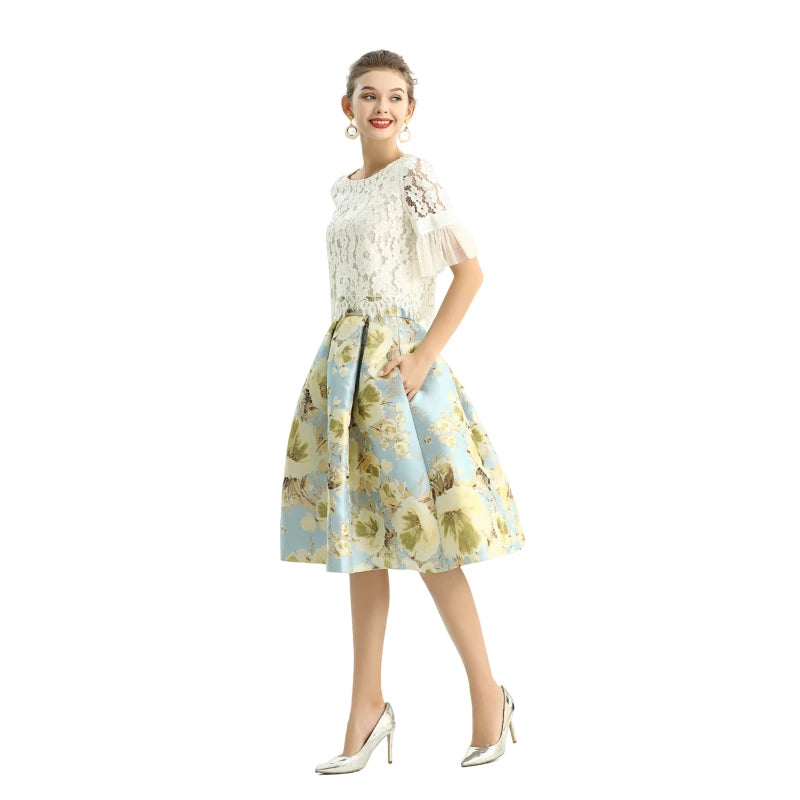 JJparty-S137-2 Women metallic floral jacquard inverted pleat A-line midi skirt