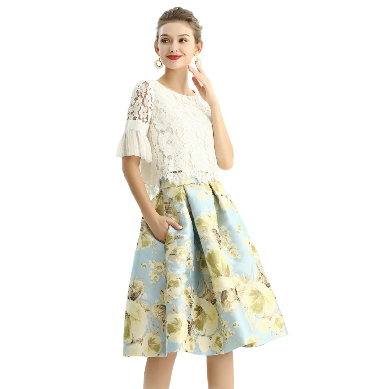 JJparty-S137-2 Women metallic floral jacquard inverted pleat A-line midi skirt
