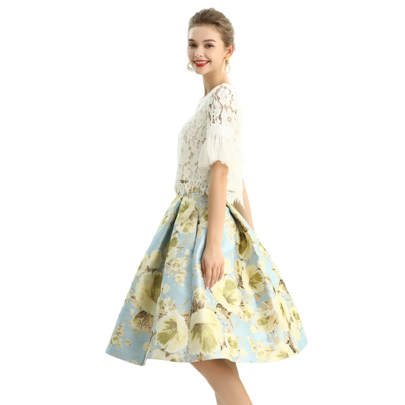 JJparty-S137-2 Women metallic floral jacquard inverted pleat A-line midi skirt