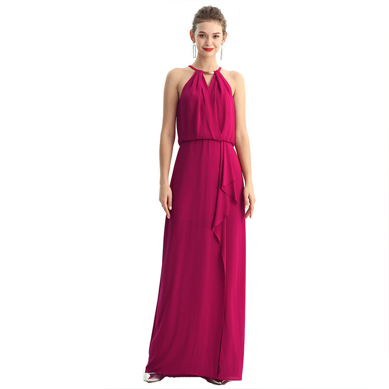 JJparty-D197 Women solid heavy georgette halter neck maxi evening dress