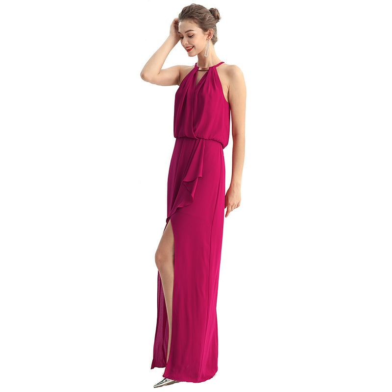 JJparty-D197 Women solid heavy georgette halter neck maxi evening dress
