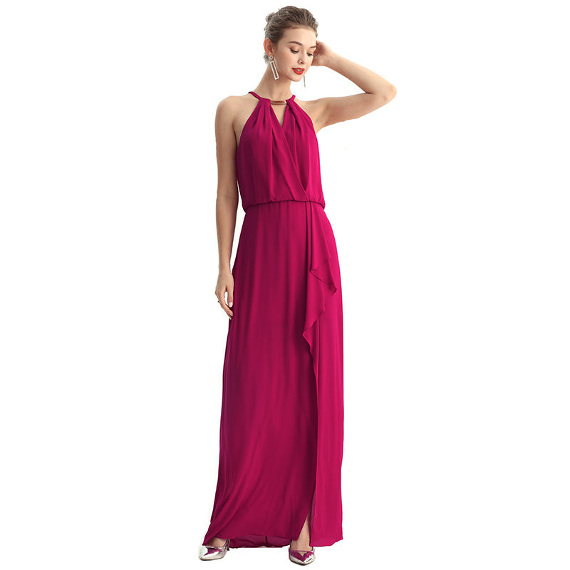 JJparty-D197 Women solid heavy georgette halter neck maxi evening dress