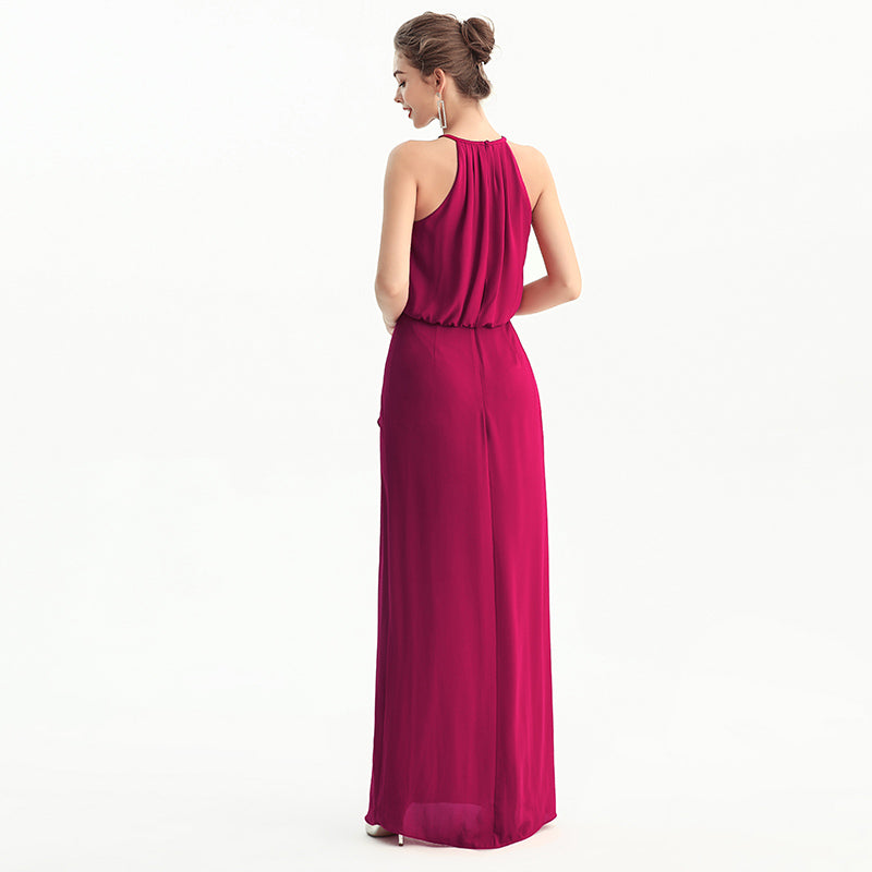 JJparty-D197 Women solid heavy georgette halter neck maxi evening dress