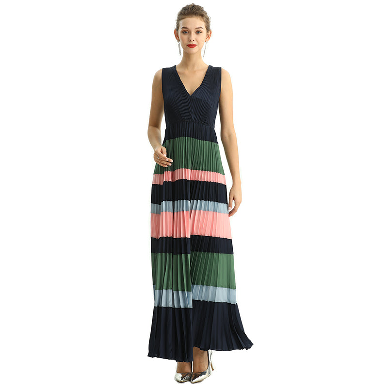 JJparty-D198 Women color block satin V neck pleated maxi evening dress