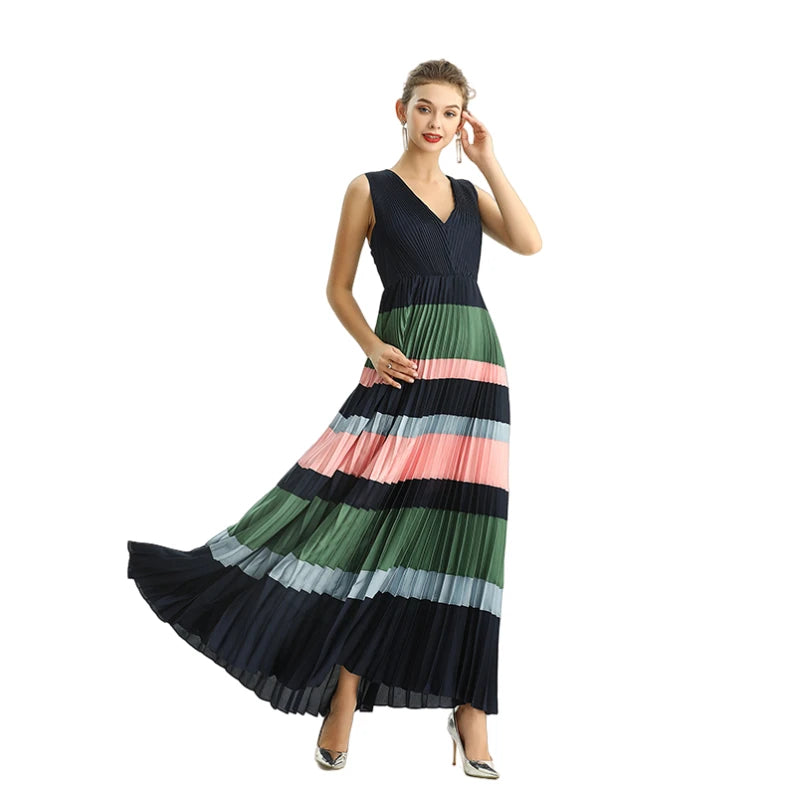 JJparty-D198 Women color block satin V neck pleated maxi evening dress